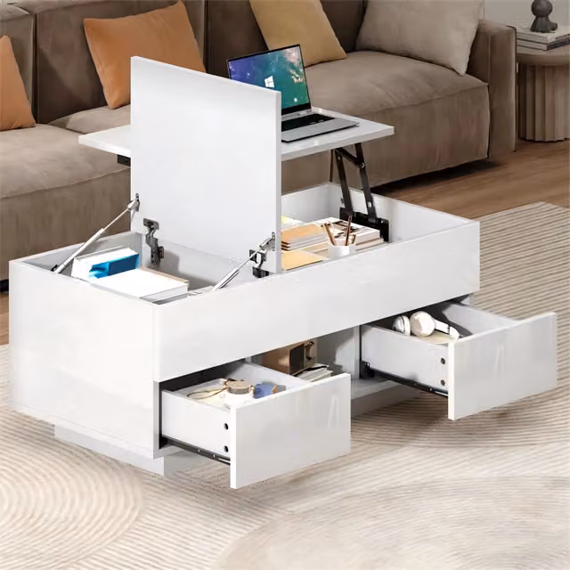 Tavolino da caffè 100x45x43 cm con piano sollevabile e LED in pannello truciolare bianco