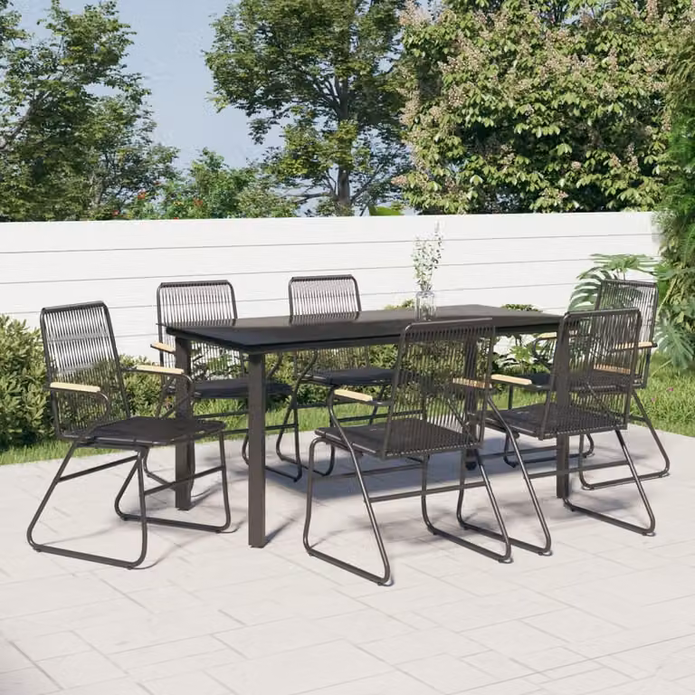 Set da pranzo da giardino vidaXL in 7 pezzi in rattan nero con piano in vetro e dettagli in legno