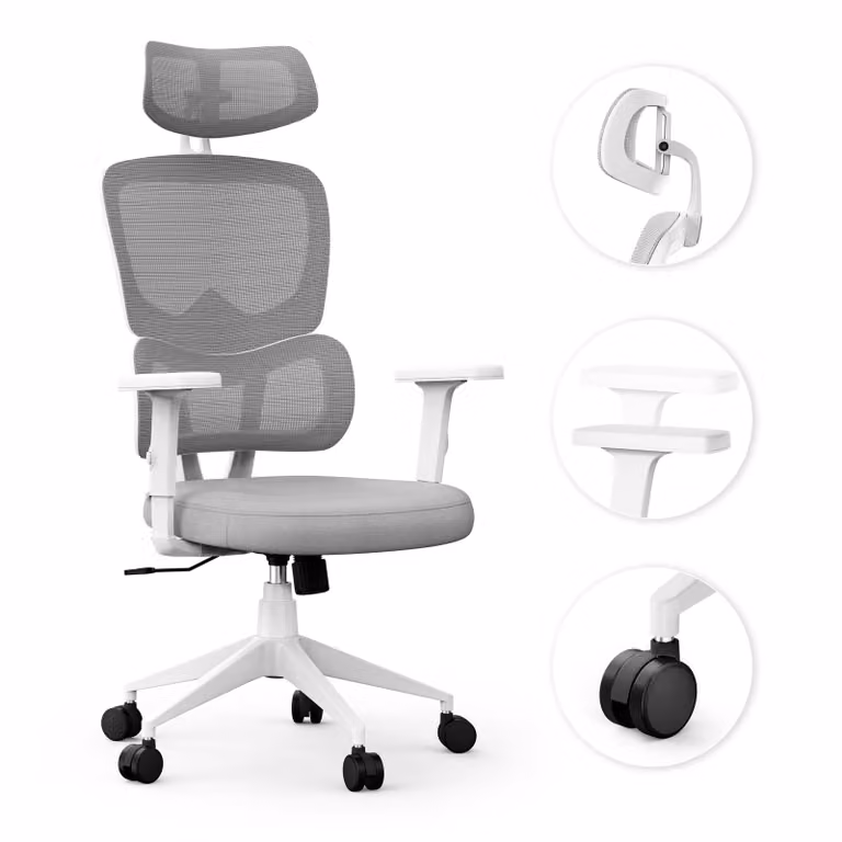 SENSE7 VENO Sedia da ufficio ergonomica Sedia da scrivania Bianca Schienale diviso Poggiatesta Schienale in rete Ufficio domestico Poltrona direzionale Sedia per PC Rotelle in gomma 120 kg