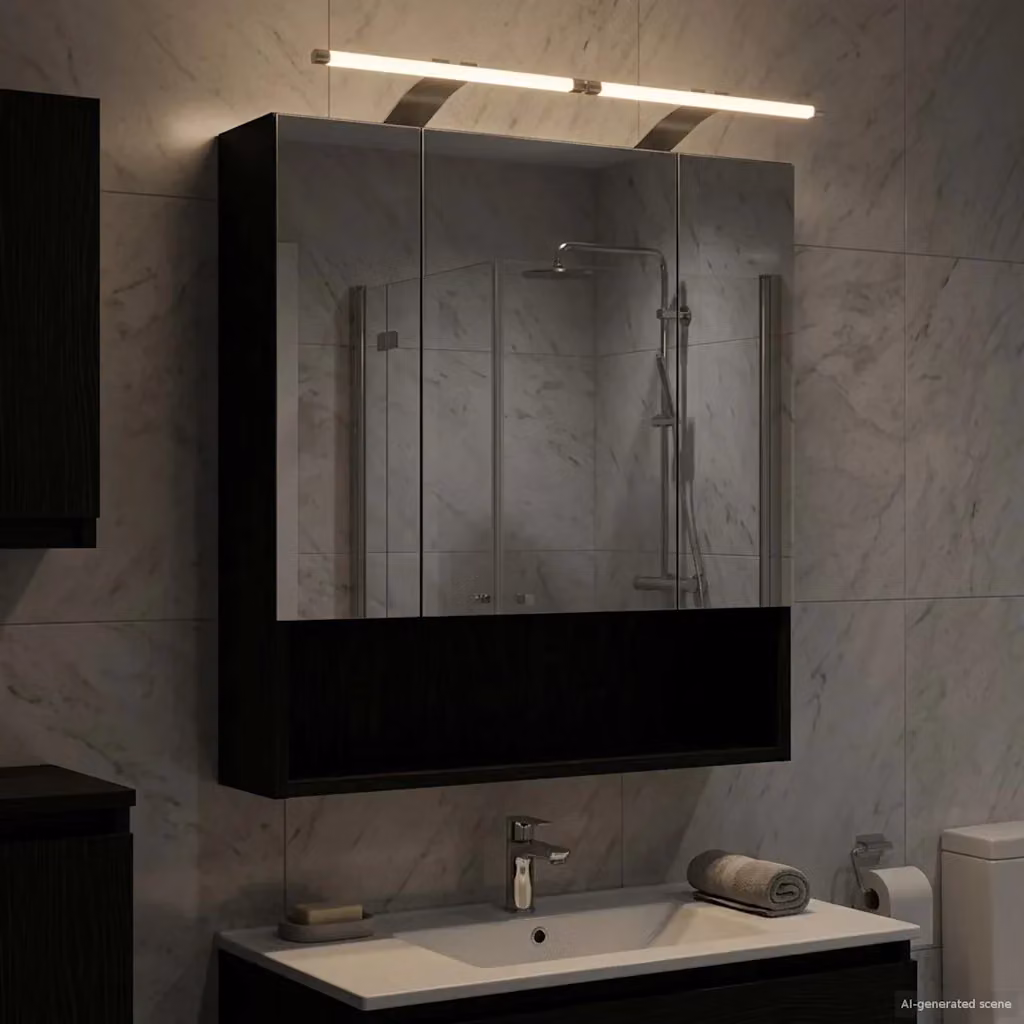 Mobiletto per specchio da bagno moderno con illuminazione LED in rovere nero, sospeso, L: 60 cm, P: 14.5 cm, H: 70 cm – 2