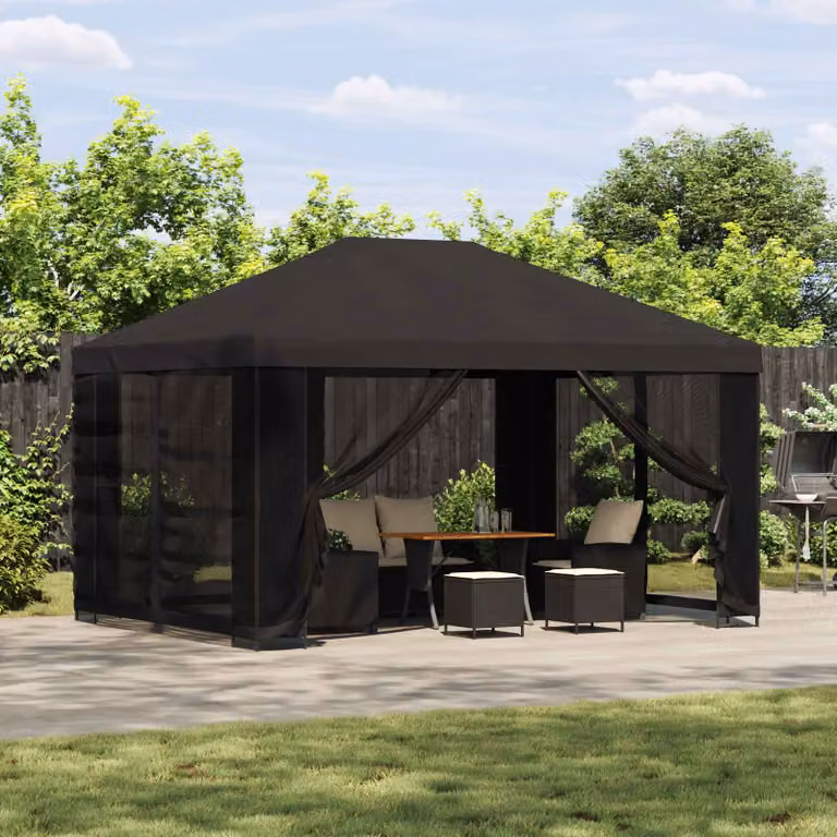 vidaXL Gazebo da giardino con pareti laterali in acciaio e poliestere Antracite e Nero L: 400 cm, P: 300 cm, H: 276,5 cm