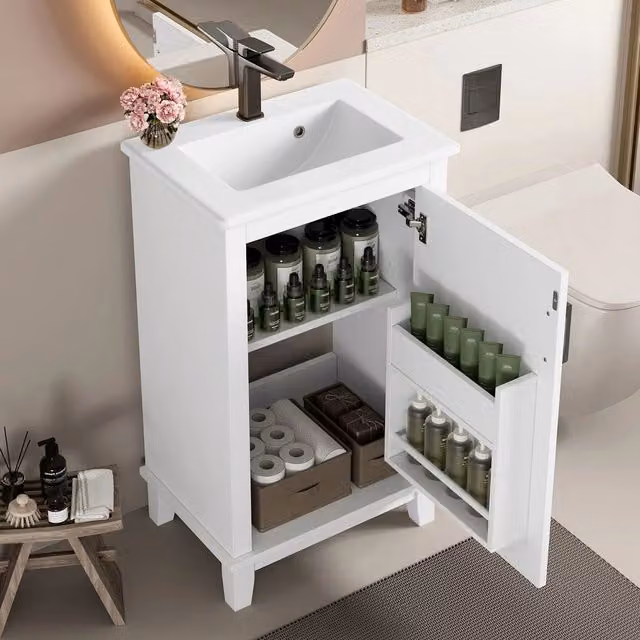 Mobile bagno su piedi - Xylo - 51x34x83cm - Bianco - Lavabo ceramica scaffali regolabili per spazi piccoli