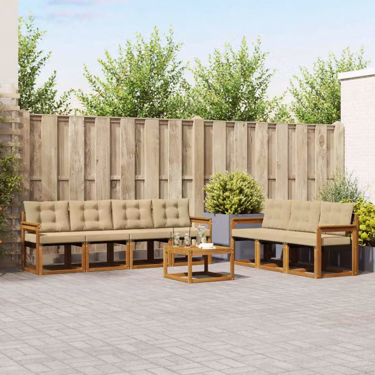 Set di divani da esterno vidaXL 8 pezzi in legno di acacia e textilene, colore beige, con cuscini e tavolino da giardino a forma di L