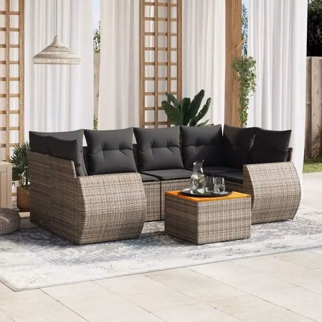 Set da giardino moderno vidaXL composto da 7 pezzi in polyrattan grigio con cuscini e tavolino da esterno a forma di L