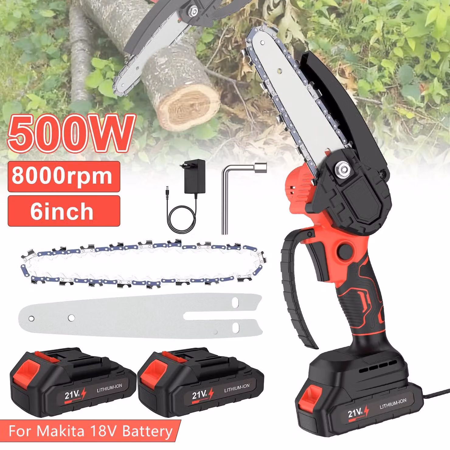 Troncatrice a catena elettrica - Potatrice a batteria - 500 W - Lame da 15 cm - Senza fili - Portatile - 2 batterie