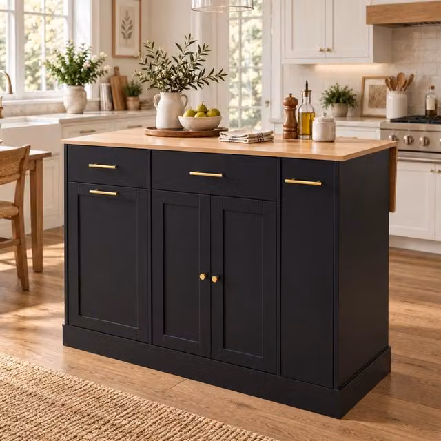Desviae Isola da cucina con piano pieghevole vano rifiuti e ripiano estraibile in pannello truciolare nero 120 cm