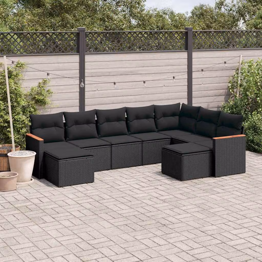 Set di divani da giardino vidaXL a forma di L composto da 9 pezzi in polyrattan nero con cuscini inclusi – 1