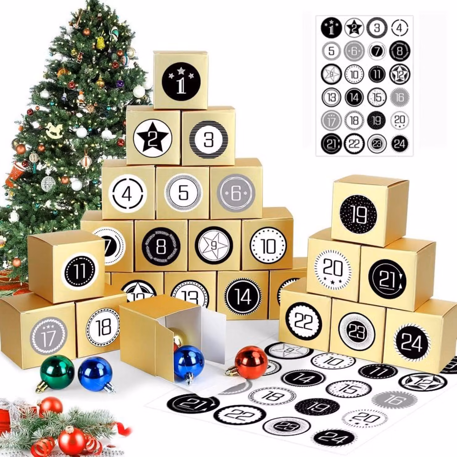 Calendario dell'Avvento per riempire 24 scatole dorate Scatole regalo fai da te