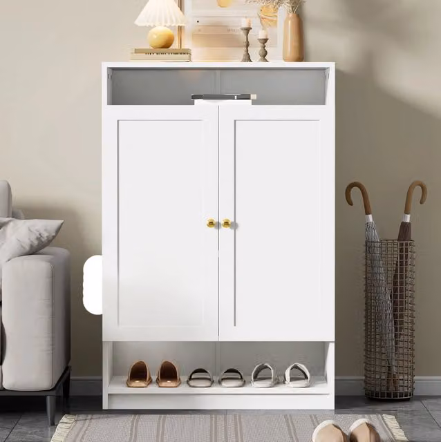 Scarpiera ULEVR 73x34x109 cm con 2 ante, ripiani regolabili e vani aperti, bianca