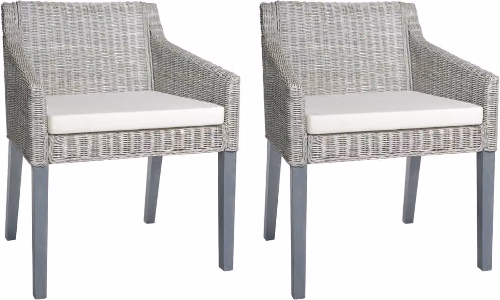 The Living Store Sedie da pranzo con cuscino 2 pz. Rattan naturale grigio