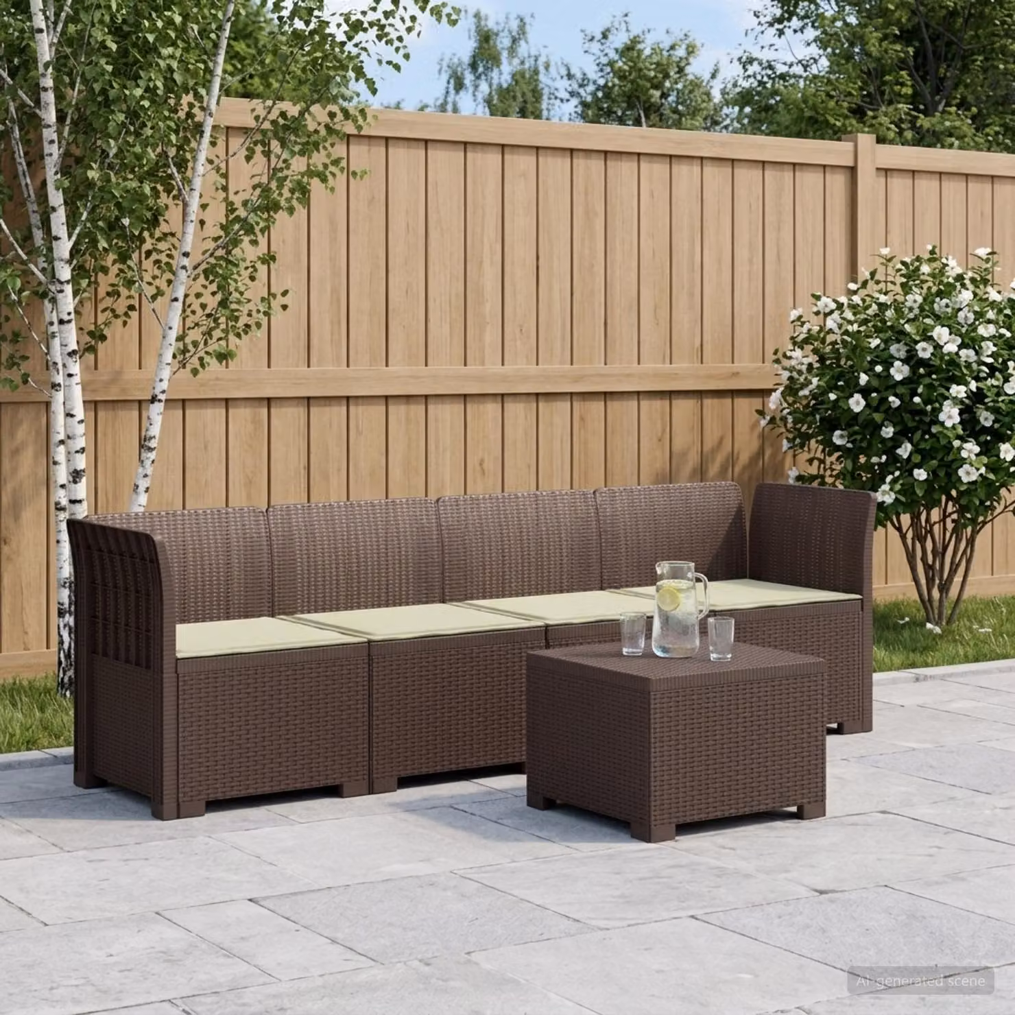 Set da giardino moderno vidaXL composto da divano angolare a 4 posti, elemento d'angolo e tavolino da caffè in stile rattan con cuscini beige e marroni resistenti ai raggi UV