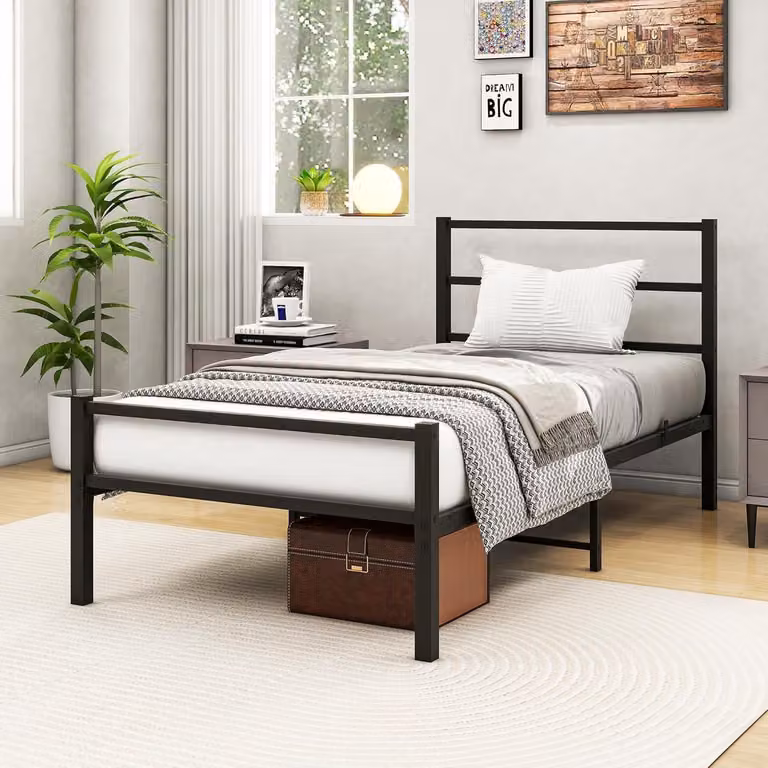 Struttura letto singola con testiera, in metallo, 90x190 cm, colore nero, capacità di carico fino a 800 libbre