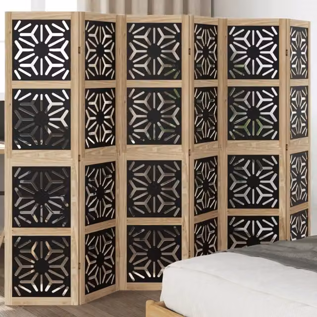 Divisorio Ambienti Moderno vidaXL con 6 Pannelli Geometrici in Legno di Paulownia, Marrone e Nero, H: 215 cm, L: 160 cm