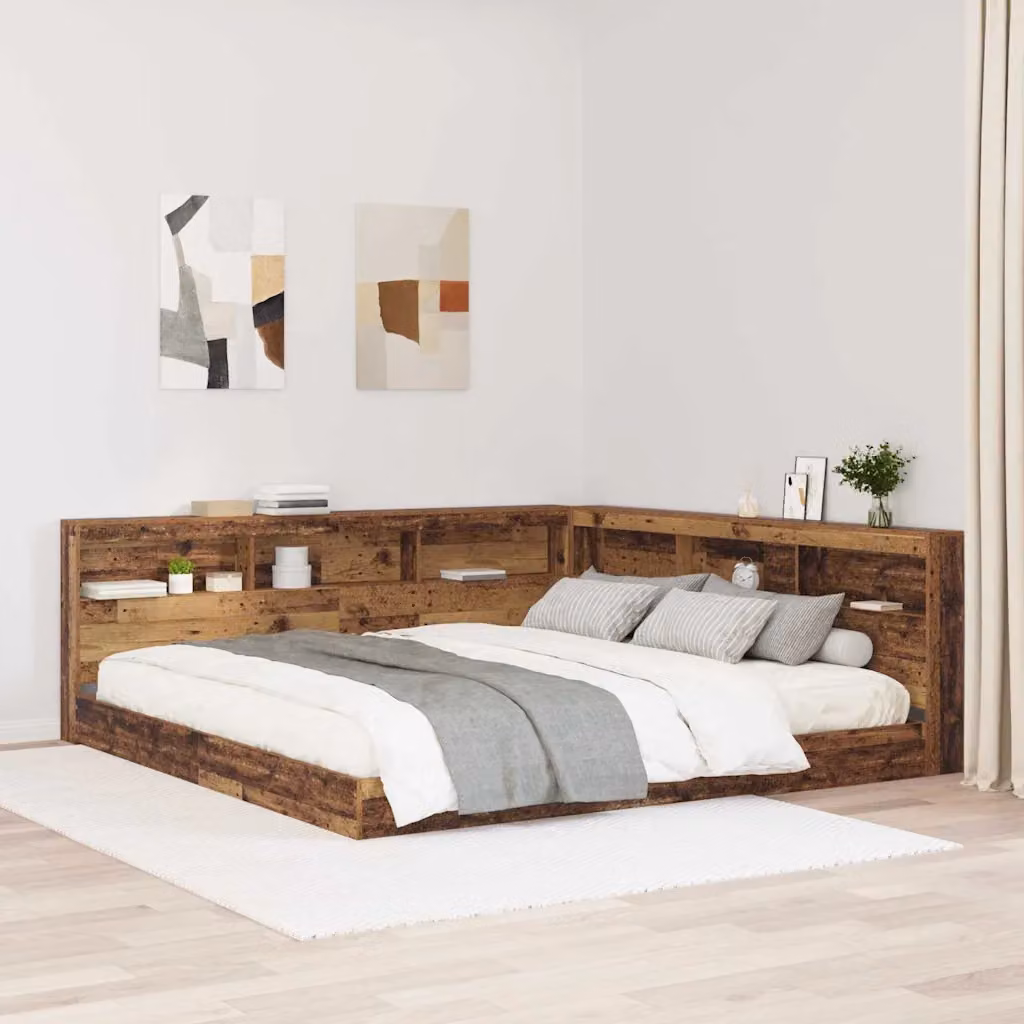 vidaXL Testata del letto con contenitore in legno vecchio e marrone, dotata di ripiani integrati e porta di ricarica USB, L: 217,5 cm, H: 76,5 cm, P: 20,2 cm