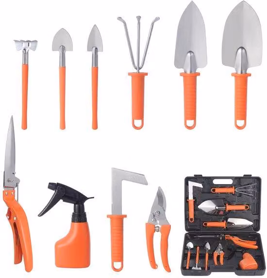 Set di 10 utensili da giardino Unyqoos® – Kit completo per la cura di fiori e piante, con lame in acciaio inossidabile, impugnature antiscivolo e contenitore per la conservazione