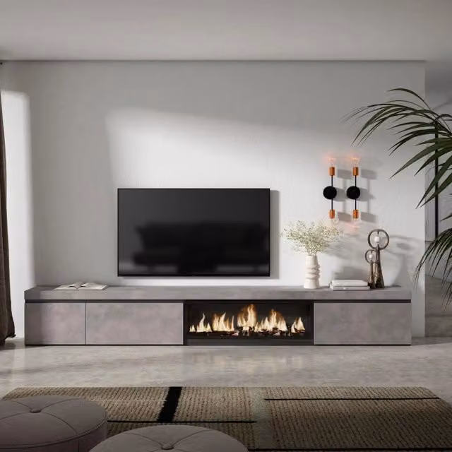 Mobile TV Soggiorno, 317x35x45cm, Camino elettrico XXL, grigio cemento RF3668