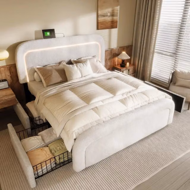 Letto Matrimoniale Imbottito con LED, USB, Cassetti e Testiera ¨C Xylo ¨C 160x200, Bianco