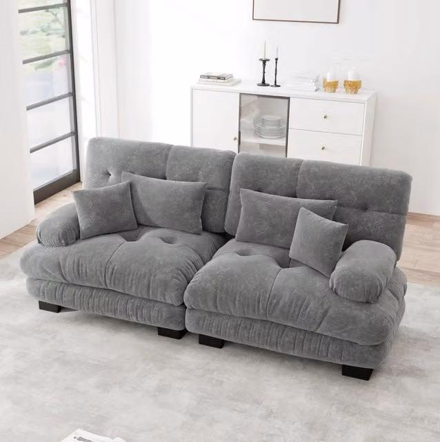Divano modulare 220x77x81 cm con design cloud e braccioli imbottiti in chenille grigio