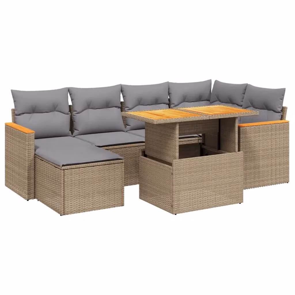 vidaXL Set Divani da Giardino 7 pz a L con Cuscini Beige in Polyrattan e Legno di Acacia – 2