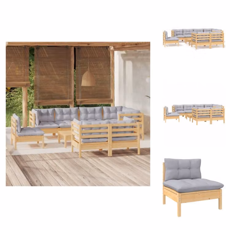 vidaXL Set 9 pezzi da giardino con cuscini grigi in pino massiccio - Set di mobili da giardino