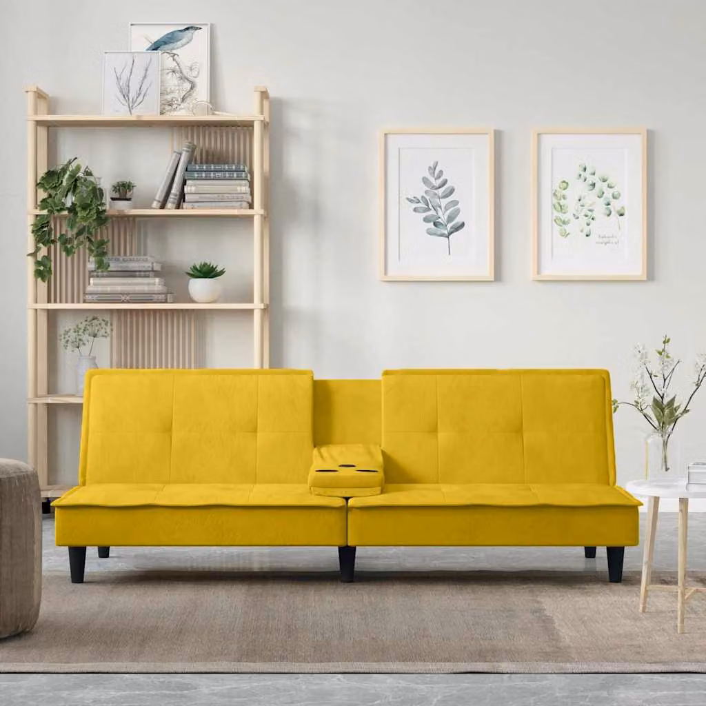 vidaXL Divano Letto Moderno in Velluto Giallo con Portabicchieri