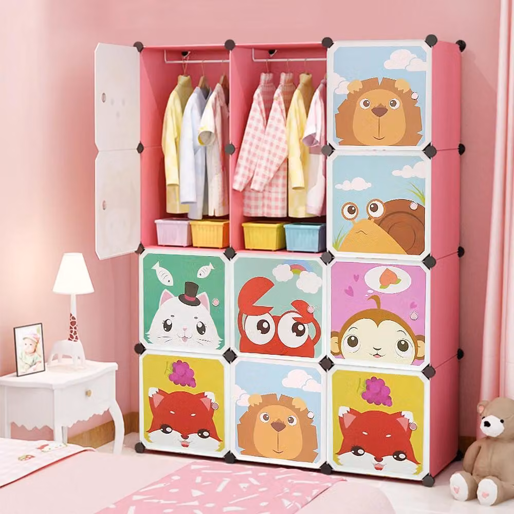 Scaffale modulare a cubi - Armadio per bambini - 12 scomparti - Plastica con telaio in metallo - Per vestiti, scarpe, giocattoli - Da montare - Rosa