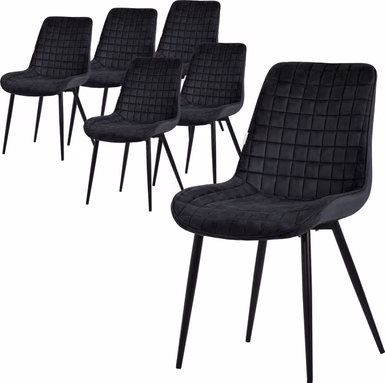 Set di 6 sedie da pranzo ML-Design, nere, seduta in velluto con gambe in metallo nero, sedie da cucina con schienale