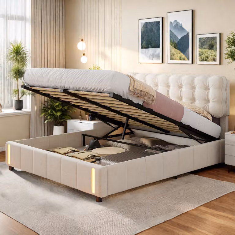 Letto imbottito Fortuna Lai 140x200cm con contenitore, rete a doghe e rilevatore di movimento, velluto, legno massiccio, beige