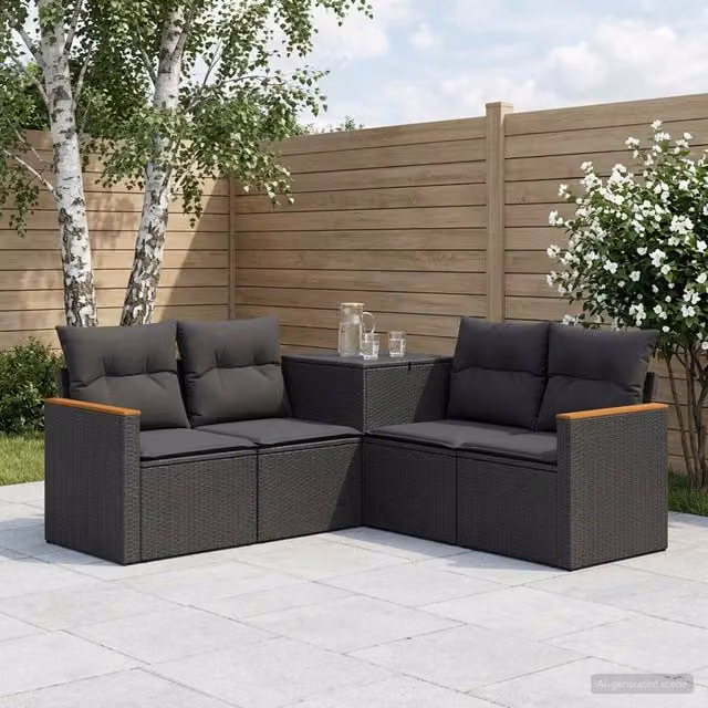 Set di divani da giardino a forma di L vidaXL in rattan sintetico nero con cuscini inclusi e coperture rimovibili – 1