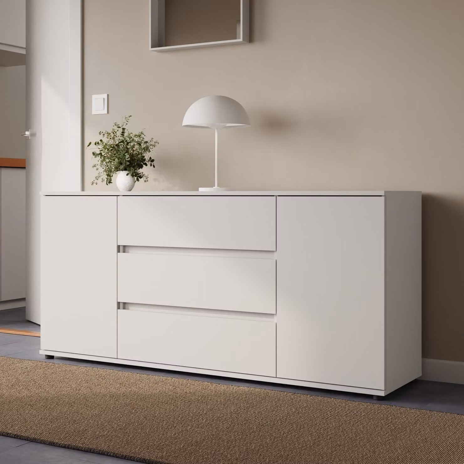 Mobile contenitore multifunzionale, modello "Kommode", con cassetti e ante | Mobile moderno per soggiorno, camera da letto o ingresso | Dimensioni: 150x40x70 cm | 3 cassetti e 2 ante | Colore: bianco
