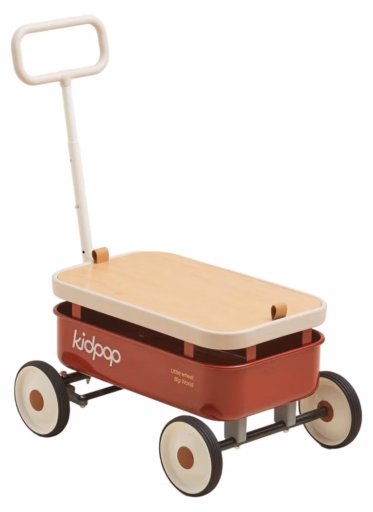 Carrello multifunzione 3-in-1 con manubrio regolabile, copertura in legno removibile, capacità massima di 16 kg, adatto a bambini dai 2,5 agli 8 anni