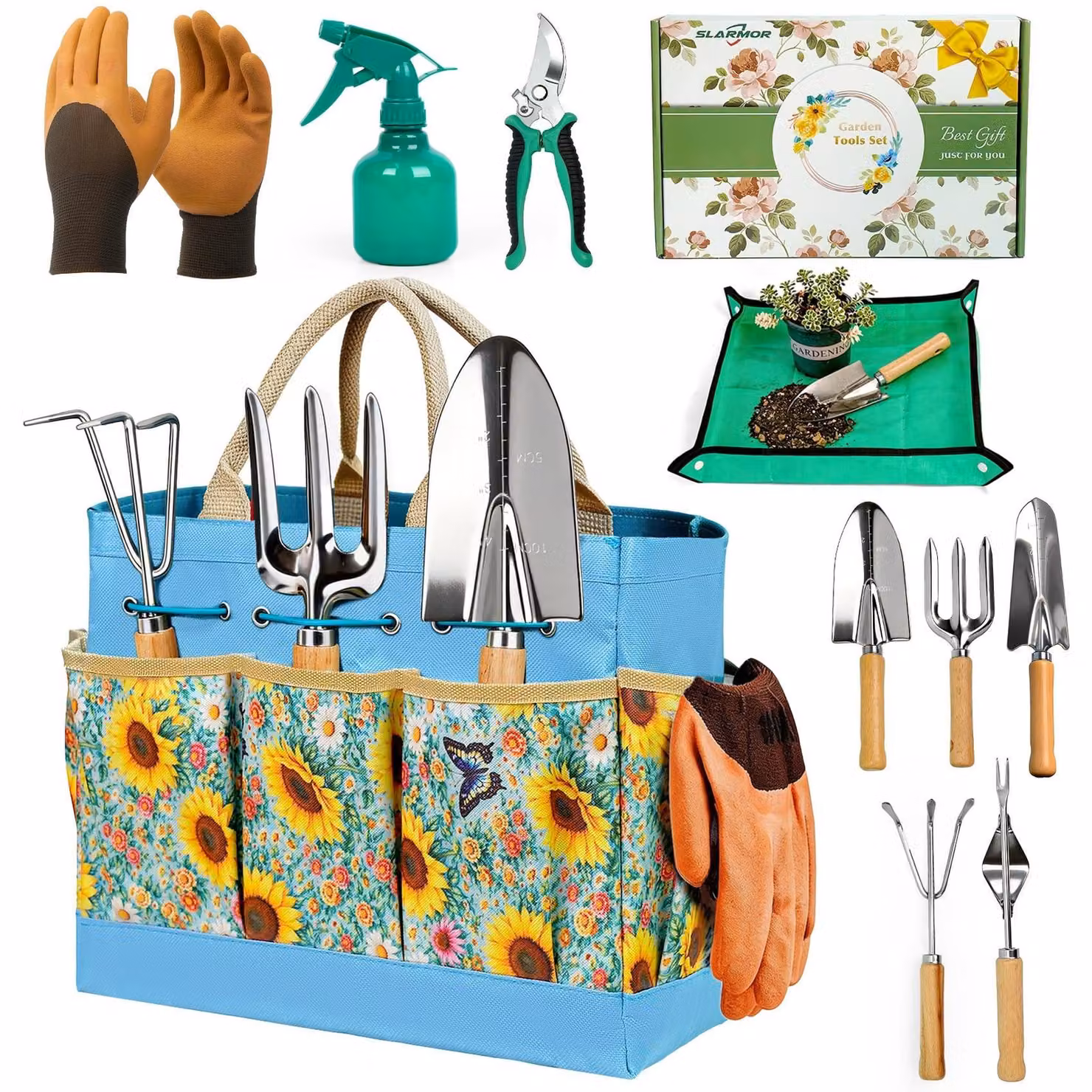 Set di 9 utensili da giardino in acciaio inossidabile, con manici ergonomici