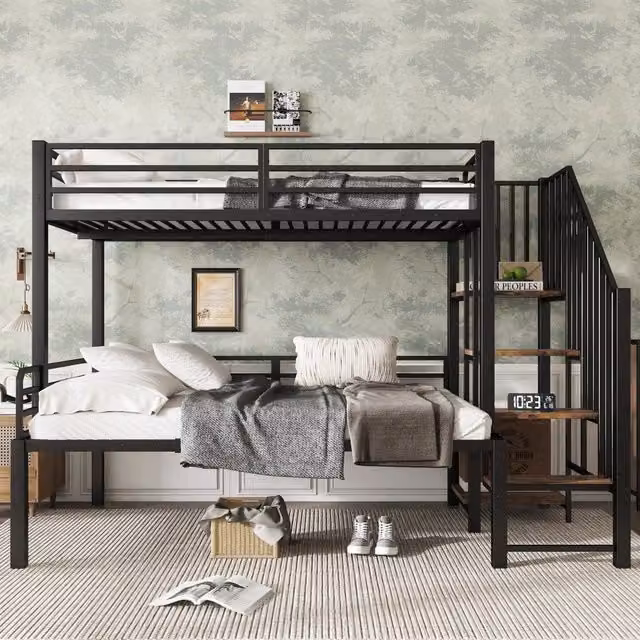 Letto a castello Mivray in metallo nero con scala angolare e contenitore per cameretta dei bambini L/P/H: 257 x 124 x 160 cm