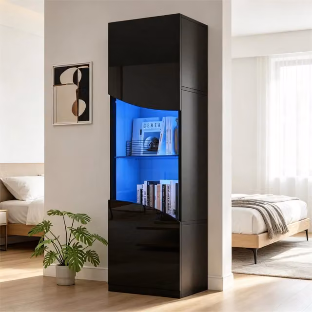 Vetrina Alta per Soggiorno Minimal con LED Nero Lucido L/P/H: 35 x 50 x 165 cm