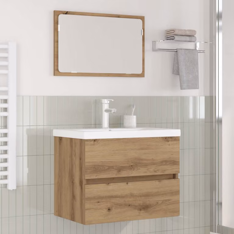 Set di mobili per il bagno moderno vidaXL in 3 pezzi color rovere con mobile lavabo e armadietto specchio