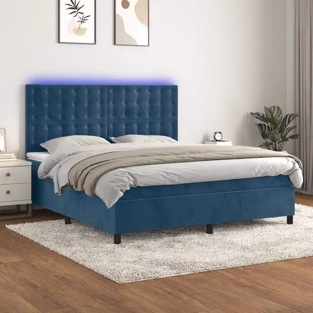 Letto Ibrido vidaXL con Materasso e Illuminazione LED Blu e Bianco, Struttura in Velluto e Legno Massello, L/P/H: 160 x 200 x 128 cm – 1