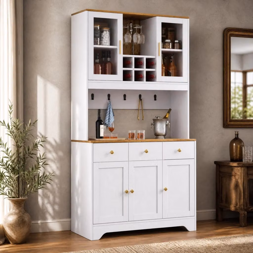 Vetrina Mivray in MDF bianco effetto legno con cinque ante in vetro, tre cassetti e vani aperti, L/P/H: 94.5 x 30 x 175.5 cm – 2