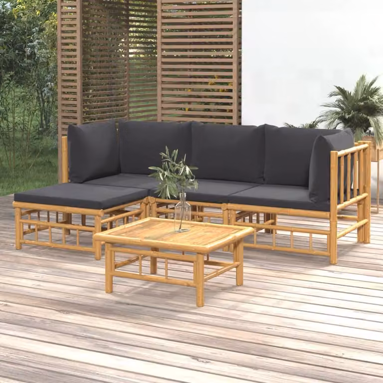 Set Salotto da Giardino vidaXL in Bambu con Cuscini Grigio Scuro e Marrone, Composizione a L con Elemento Angolare, Ottoman e Tavolino da Caffè