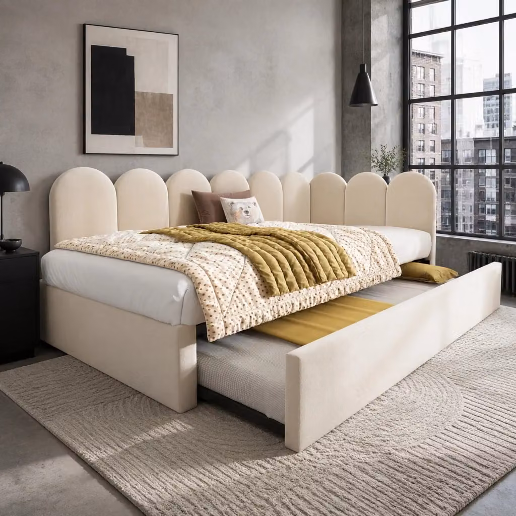 Letto daybed imbottito in velluto beige con letto estraibile e cassetti L/P/H: 203 x 90 x 76 cm – 2