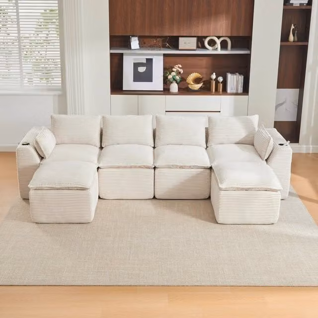 Divano Modulare 4 Posti MINIMAL Beige con Poggiapiedi, Cuscini e Portabicchieri, Design a L con Tessuto a Coste