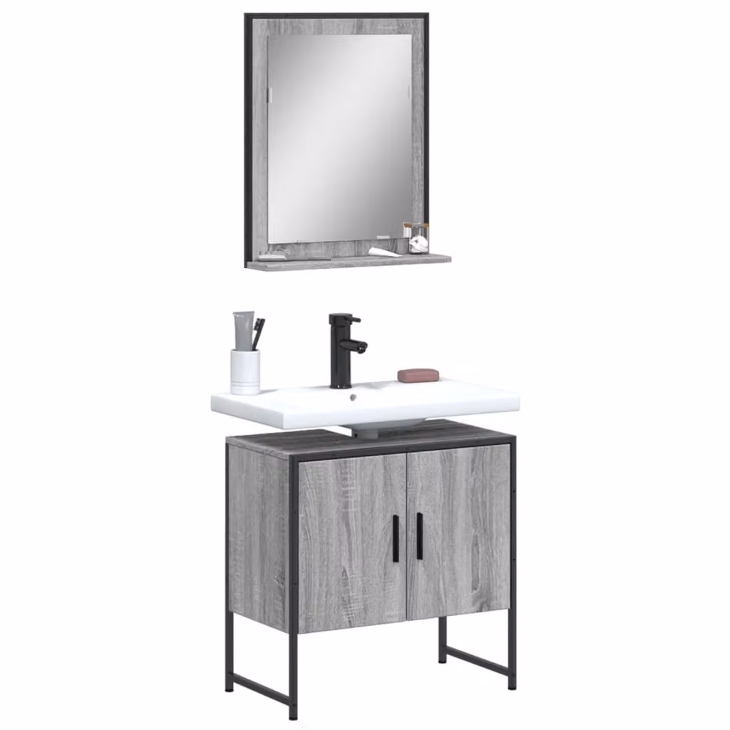 Set Mobili da Bagno Moderni vidaXL in Grigio composto da Mobile Lavabo e Armadietto con Specchio in Legno e Metallo