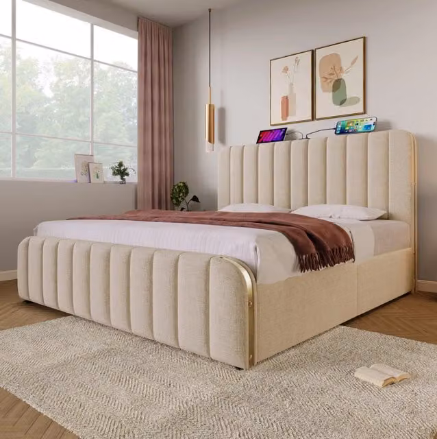 Letto contenitore 180x200 cm beige in lino, testiera USB e TypeC, senza materasso