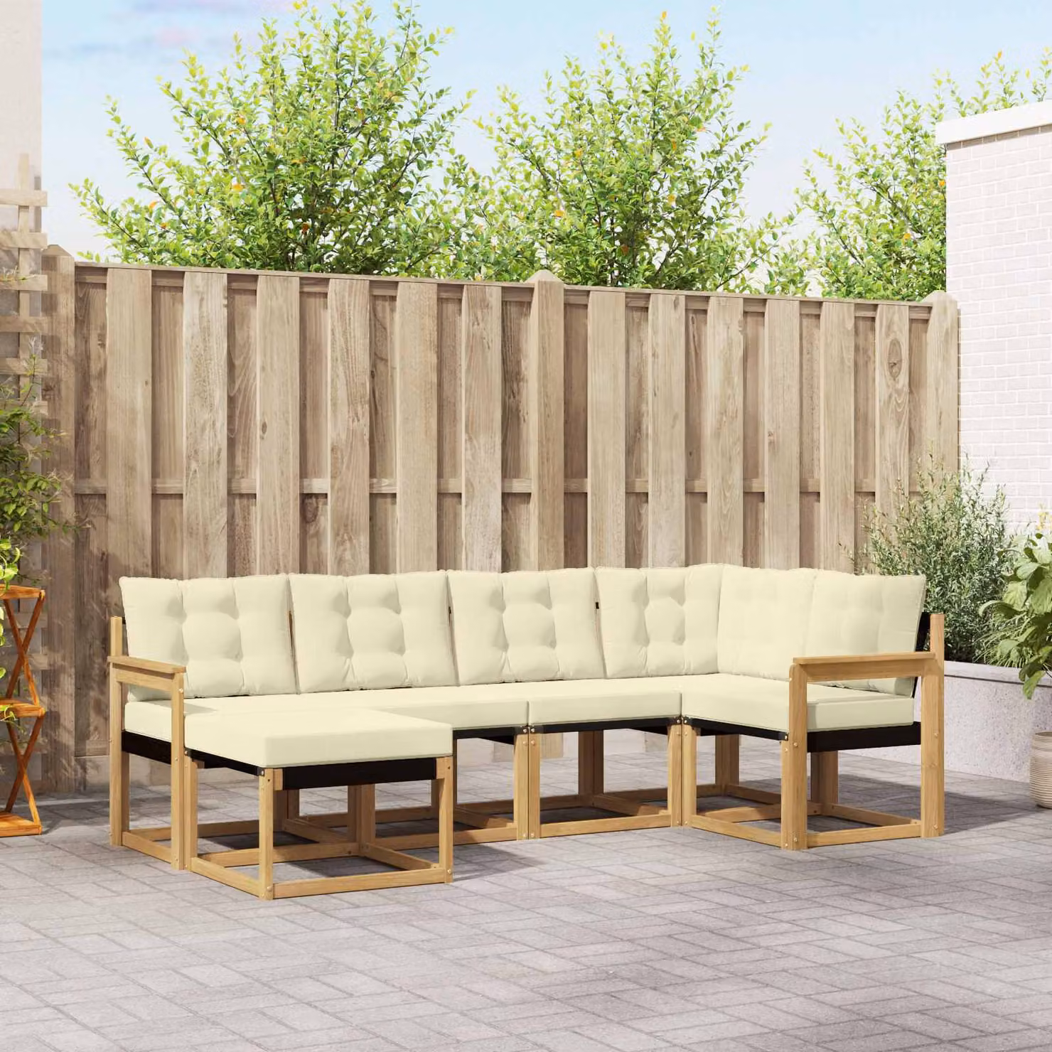 Set di divani da esterno vidaXL 6 pz in legno di acacia con cuscini bianchi e beige
