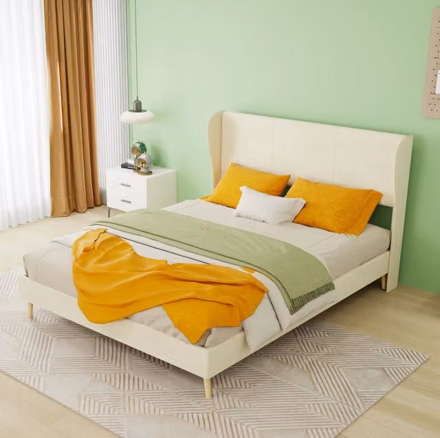 Letto imbottito 140x200 cm con testiera, beige, in tessuto e metallo