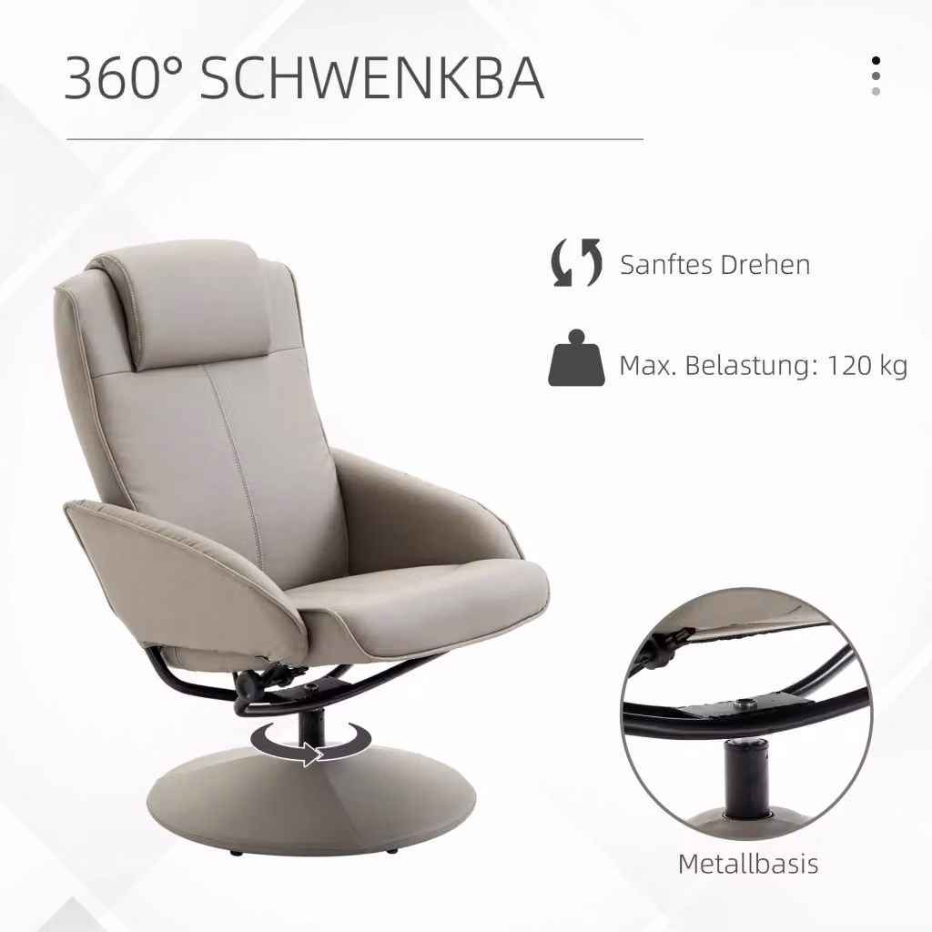 Poltrona Relax girevole a 360 gradi con poggiapiedi REDOM, rivestimento in ecopelle grigia e struttura in metallo, L: 78 cm, P: 67 cm, H: 98 cm – 2