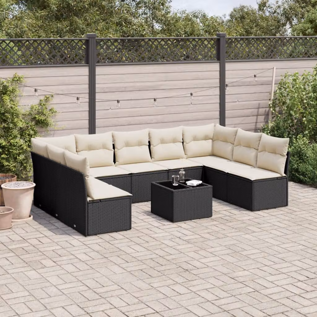 vidaXL Set Divani da Giardino a L con Tavolino e Cuscini, Polyrattan e Metallo, Nero e Bianco – 1