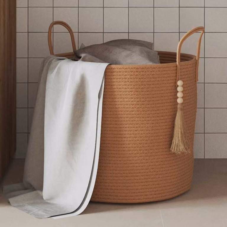 Cestino portaoggetti vidaXL in cotone marrone con maniglie e design a trama aperta, pieghevole, Ø40 x H 35 cm