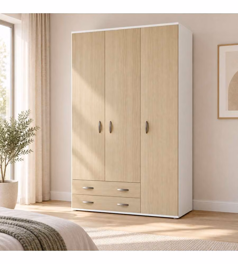 Armadio Monza 3 Ante e 2 Cassetti Bianco Olmo - 120x52x207 cm