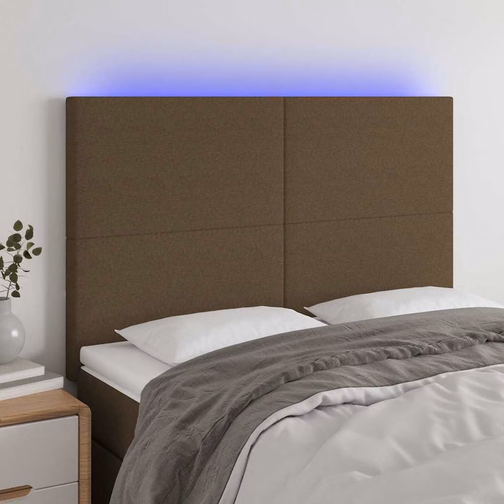 Testiera con LED e porta USB vidaXL in tessuto marrone scuro, L 144 cm x P 5 cm x H 118/128 cm