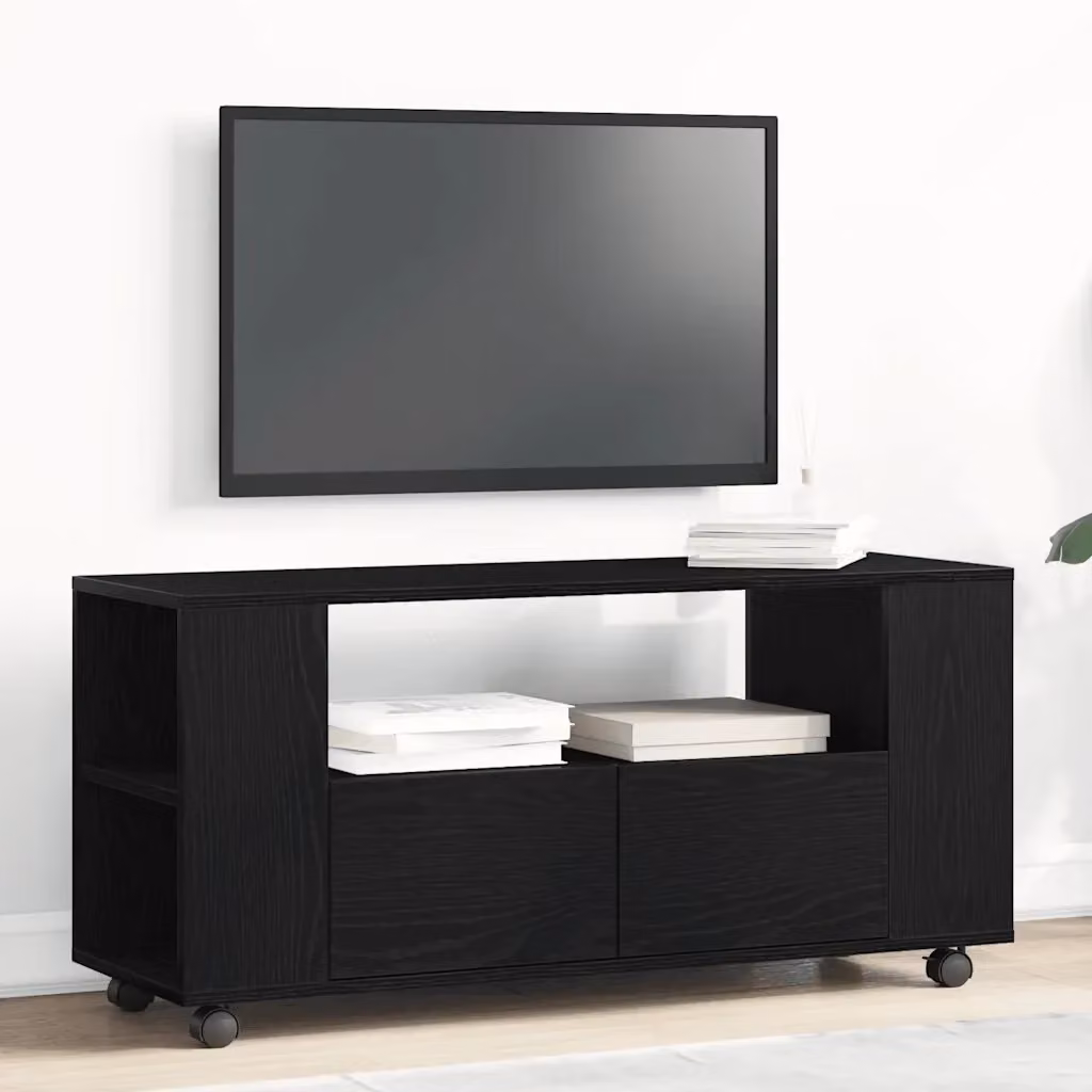 Mobile porta TV moderno DESIGN IN con ruote in finitura rovere nero e nero opaco, L/P/H: 102 x 34,5 x 43 cm – 2